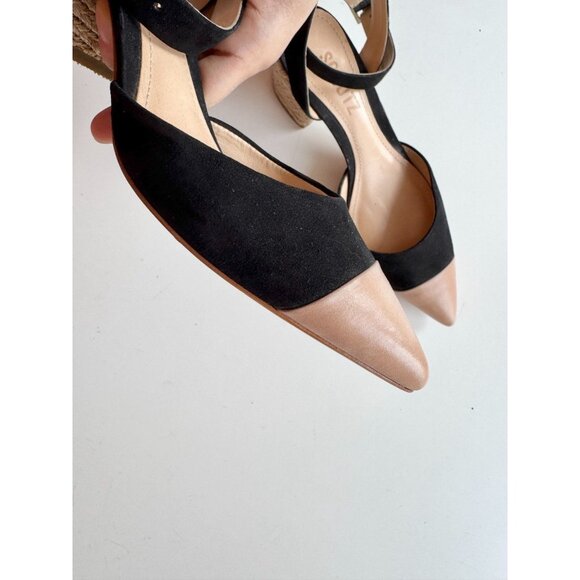 SCHUTZ Black Suede Tan Leather Pointed Cap Toe Jute Block Heel Sandals, Size 5.5 - Picture 6 of 15